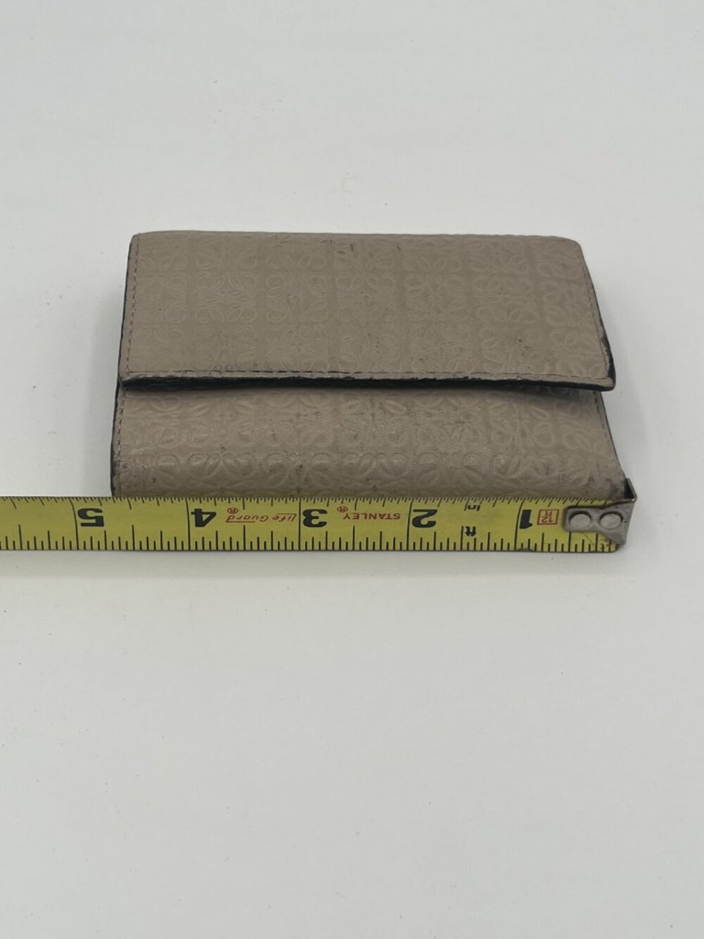 Loewe Anagram Embossed Trifold Wallet Taupe Leather Gold Hardware Made in Spain